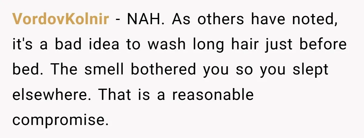 VordovKolnir − NAH. As others have noted, it's a bad idea to wash long hair just before bed. The smell bothered you so you slept elsewhere. That is a reasonable...