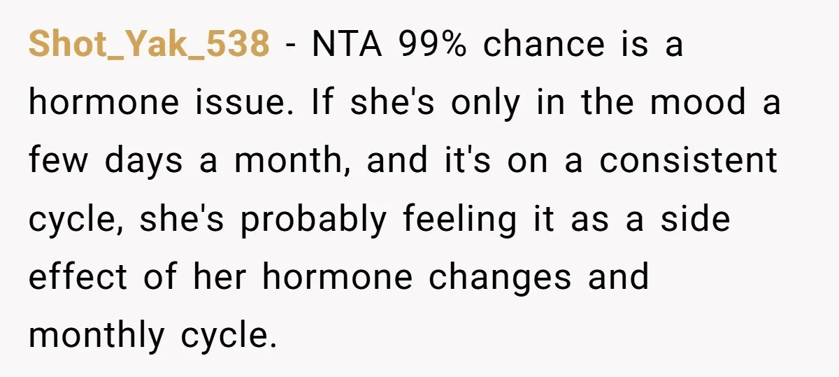 Shot_Yak_538 − NTA 99% chance is a hormone issue. If she's only in the mood a few days a month, and it's on a consistent cycle, she's probably feeling it...