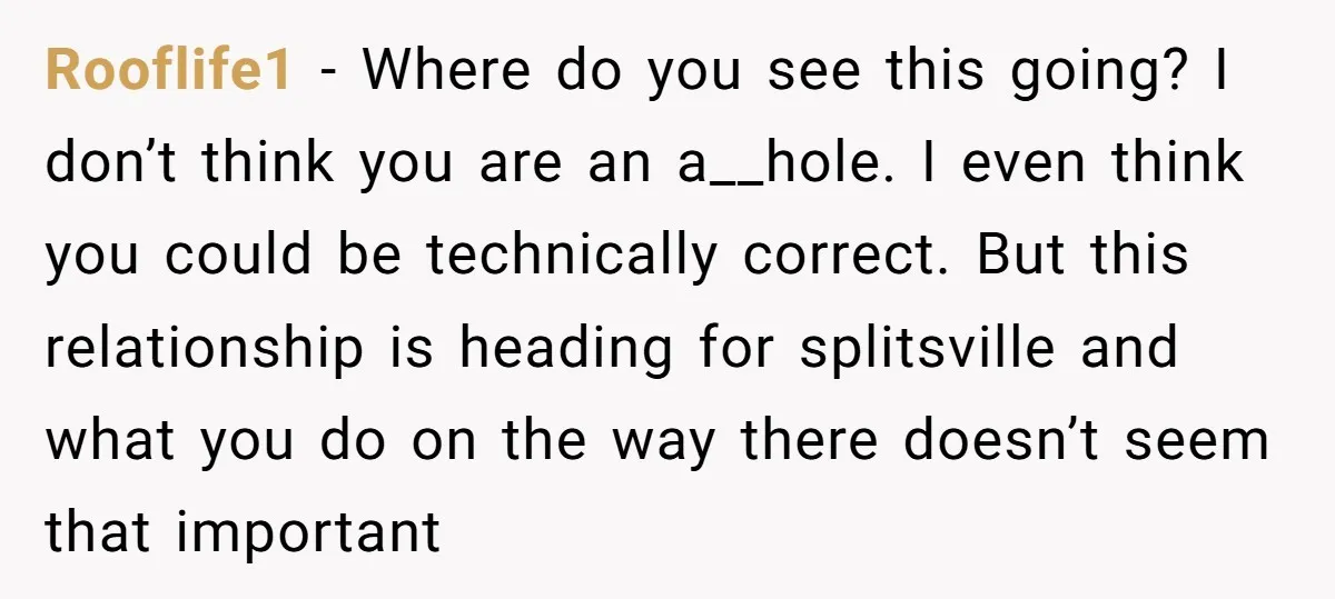 Rooflife1 − Where do you see this going? I don’t think you are an a__hole. I even think you could be technically correct. But this relationship is heading for splitsville...