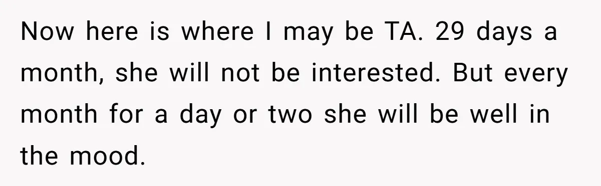 Now here is where I may be TA. 29 days a month, she will not be interested. But every month for a day or two she will be well in...