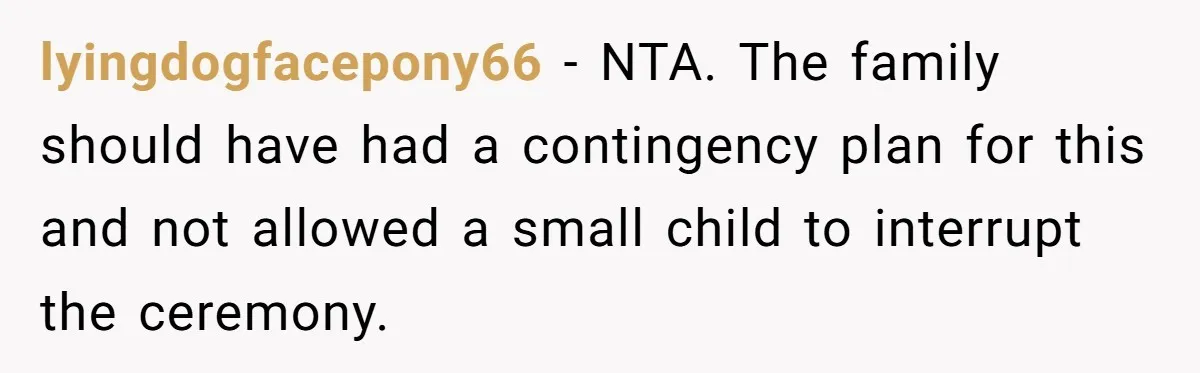 lyingdogfacepony66 − NTA. The family should have had a contingency plan for this and not allowed a small child to interrupt the ceremony.