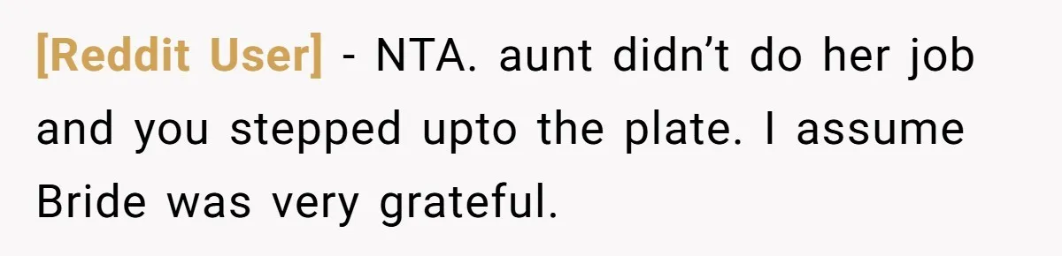 [Reddit User] − NTA. aunt didn’t do her job and you stepped upto the plate. I assume Bride was very grateful.