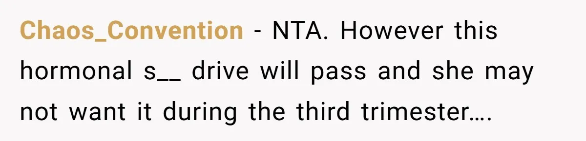 Chaos_Convention − NTA. However this hormonal s__ drive will pass and she may not want it during the third trimester….