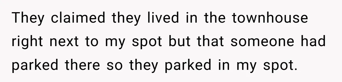 They claimed they lived in the townhouse right next to my spot but that someone had parked there so they parked in my spot.