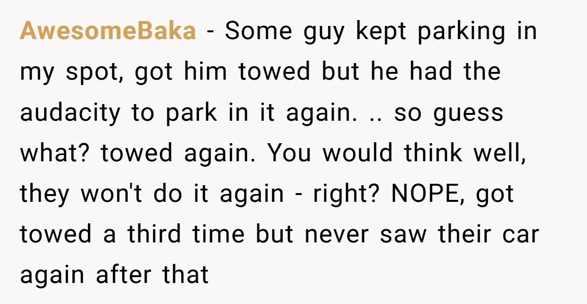 AwesomeBaka − Some guy kept parking in my spot, got him towed but he had the audacity to park in it again. .. so guess what? towed again. You would...