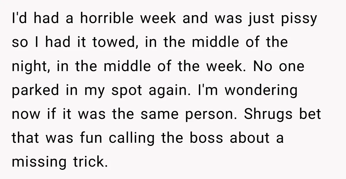 I'd had a horrible week and was just pissy so I had it towed, in the middle of the night, in the middle of the week. No one parked in...