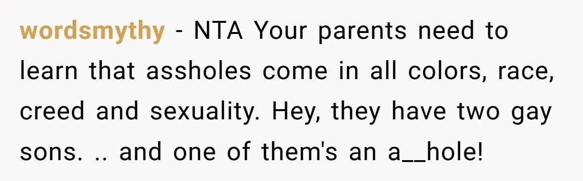 wordsmythy − NTA Your parents need to learn that assholes come in all colors, race, creed and sexuality. Hey, they have two gay sons. .. and one of them's an...