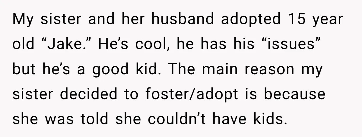 My sister and her husband adopted 15 year old “Jake.” He’s cool, he has his “issues” but he’s a good kid. The main reason my sister decided to foster/adopt is...