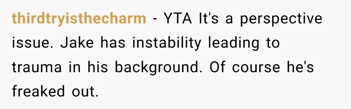 thirdtryisthecharm − YTA It's a perspective issue. Jake has instability leading to trauma in his background. Of course he's freaked out.