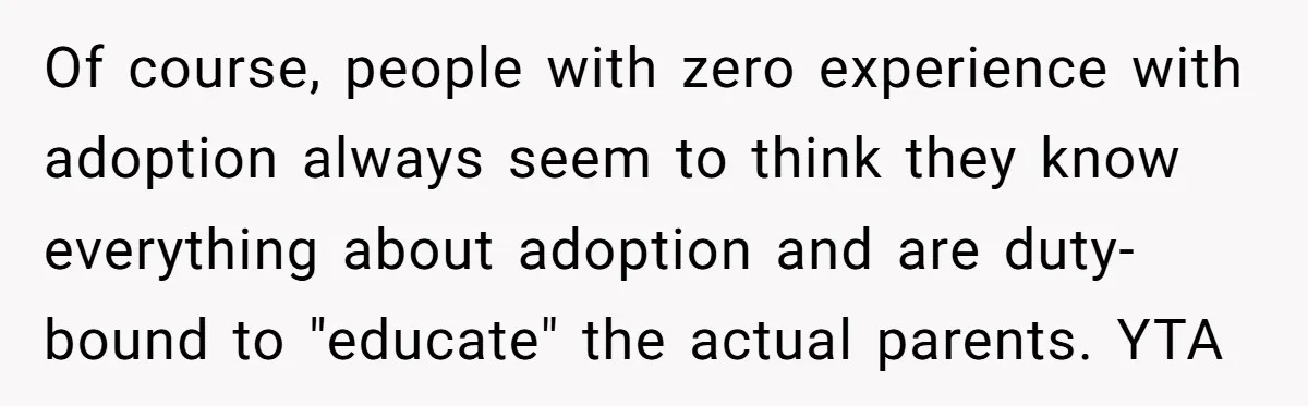 Of course, people with zero experience with adoption always seem to think they know everything about adoption and are duty-bound to "educate" the actual parents. YTA
