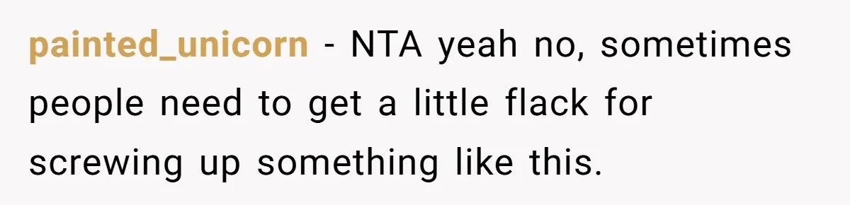 painted_unicorn − NTA yeah no, sometimes people need to get a little flack for screwing up something like this.