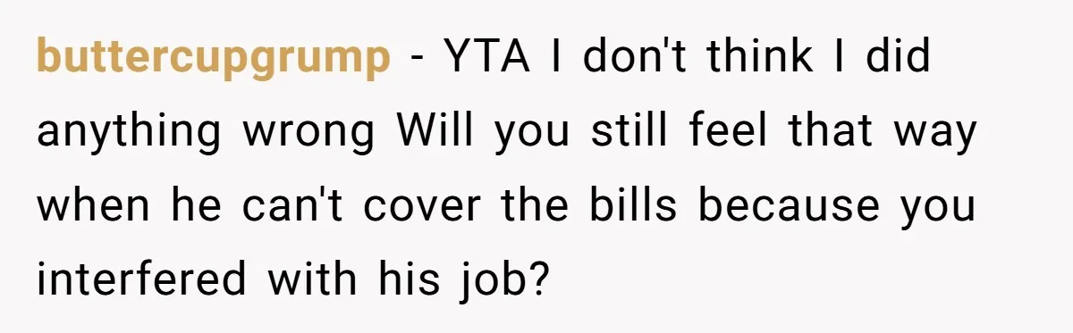 buttercupgrump − YTA I don't think I did anything wrong Will you still feel that way when he can't cover the bills because you interfered with his job?