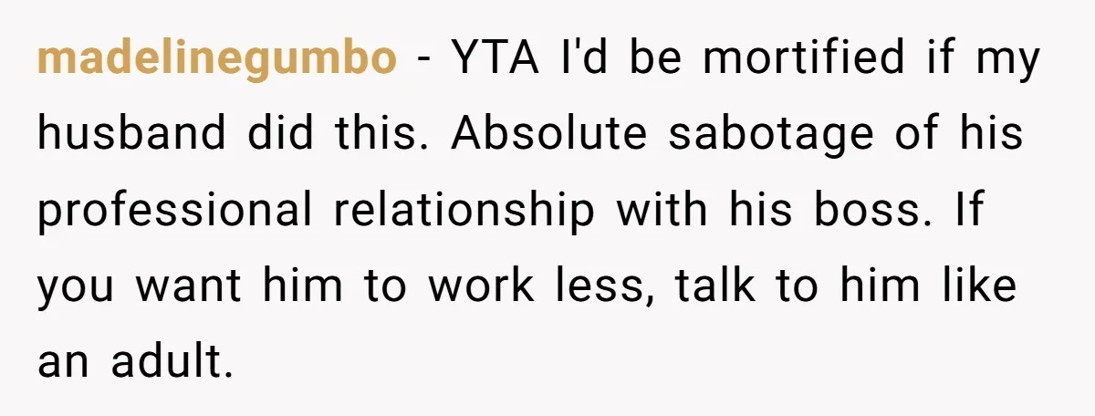 madelinegumbo − YTA I'd be mortified if my husband did this. Absolute sabotage of his professional relationship with his boss. If you want him to work less, talk to him...