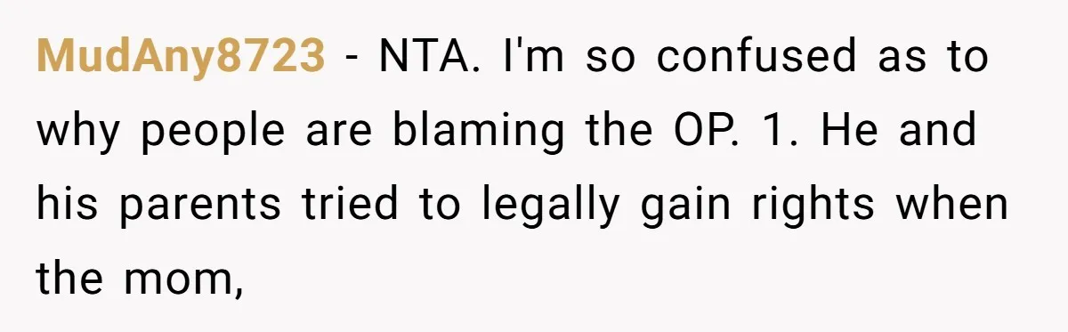 MudAny8723 − NTA. I'm so confused as to why people are blaming the OP. 1. He and his parents tried to legally gain rights when the mom,