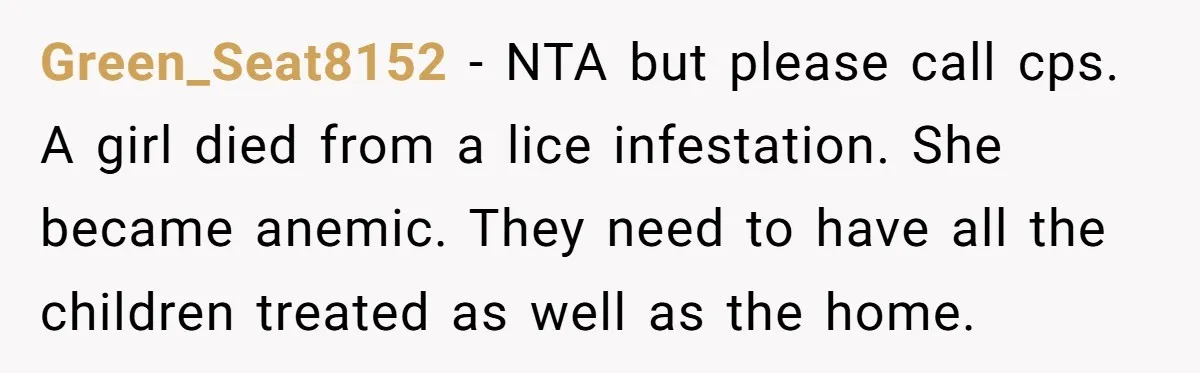 Green_Seat8152 − NTA but please call cps. A girl died from a lice infestation. She became anemic. They need to have all the children treated as well as the home.