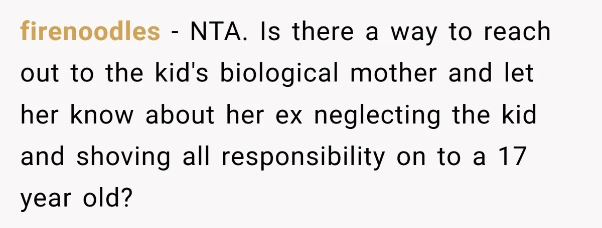 firenoodles − NTA. Is there a way to reach out to the kid's biological mother and let her know about her ex neglecting the kid and shoving all responsibility on...
