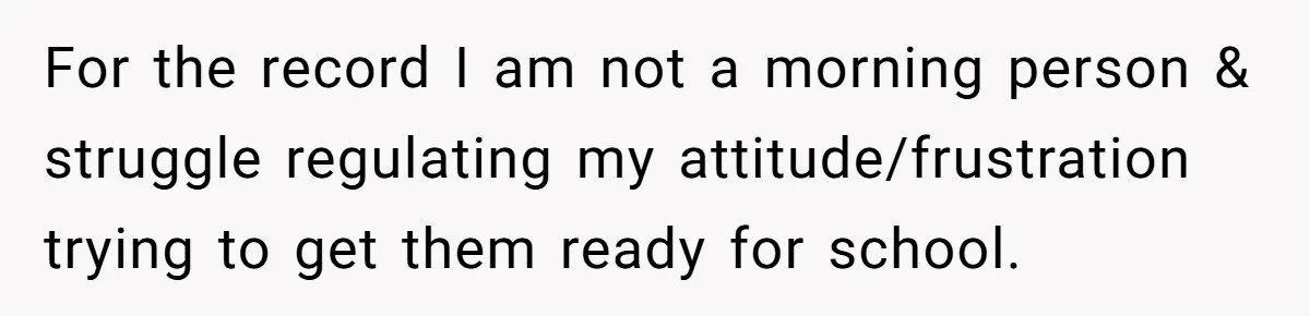 For the record I am not a morning person & struggle regulating my attitude/frustration trying to get them ready for school.
