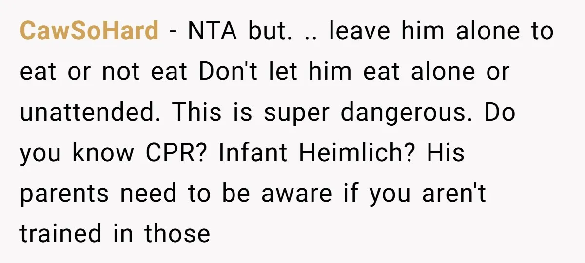 CawSoHard − NTA but. .. leave him alone to eat or not eat Don't let him eat alone or unattended. This is super dangerous. Do you know CPR? Infant Heimlich?...