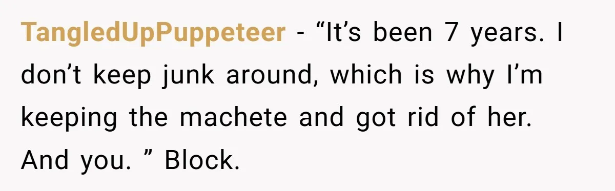 TangledUpPuppeteer − “It’s been 7 years. I don’t keep junk around, which is why I’m keeping the machete and got rid of her. And you. ” Block.