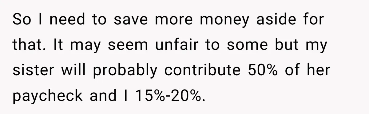 So I need to save more money aside for that. It may seem unfair to some but my sister will probably contribute 50% of her paycheck and I 15%-20%.