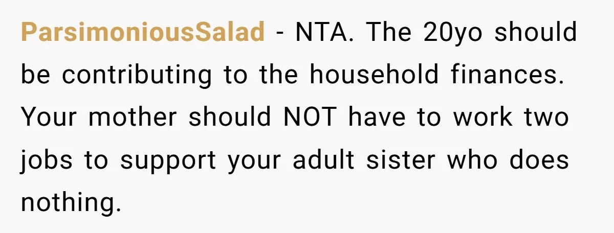 ParsimoniousSalad − NTA. The 20yo should be contributing to the household finances. Your mother should NOT have to work two jobs to support your adult sister who does nothing.