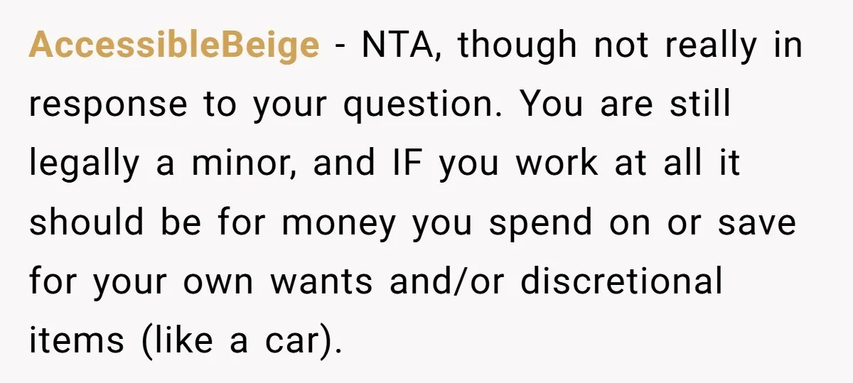 AccessibleBeige − NTA, though not really in response to your question. You are still legally a minor, and IF you work at all it should be for money you spend...