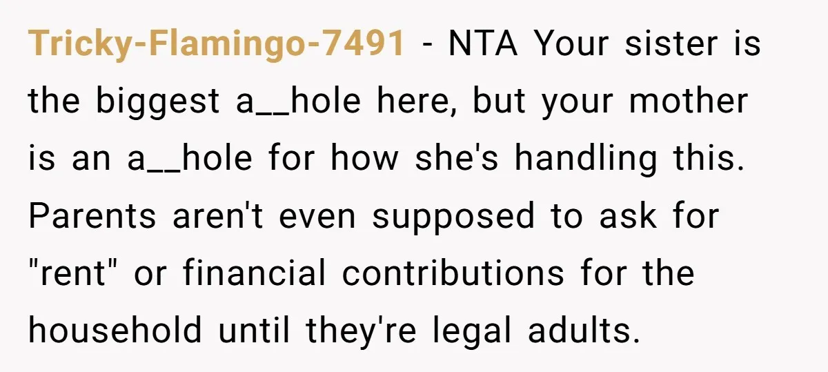 Tricky-Flamingo-7491 − NTA Your sister is the biggest a__hole here, but your mother is an a__hole for how she's handling this. Parents aren't even supposed to ask for "rent" or...
