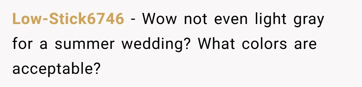 Low-Stick6746 − Wow not even light gray for a summer wedding? What colors are acceptable?