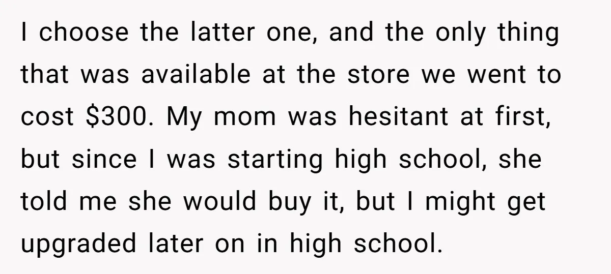 I choose the latter one, and the only thing that was available at the store we went to cost $300. My mom was hesitant at first, but since I was...
