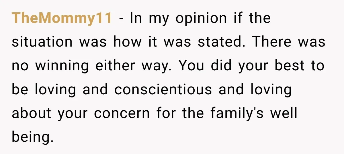 TheMommy11 − In my opinion if the situation was how it was stated. There was no winning either way. You did your best to be loving and conscientious and loving...