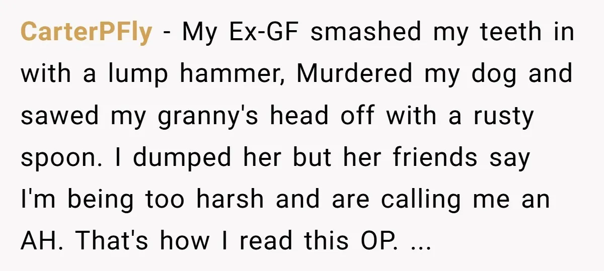 CarterPFly − My Ex-GF smashed my teeth in with a lump hammer, Murdered my dog and sawed my granny's head off with a rusty spoon. I dumped her but her...