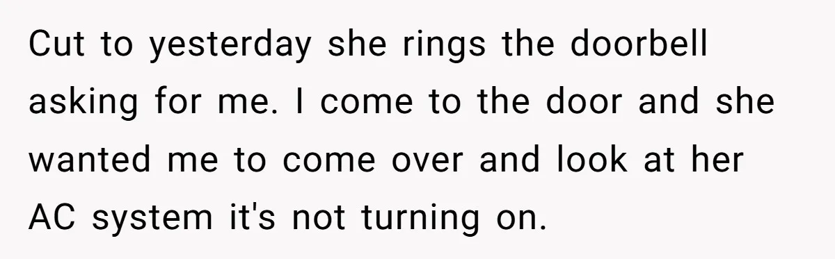 Cut to yesterday she rings the doorbell asking for me. I come to the door and she wanted me to come over and look at her AC system it's not...