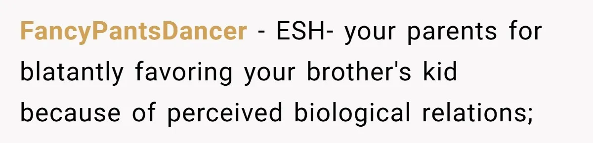 FancyPantsDancer − ESH- your parents for blatantly favoring your brother's kid because of perceived biological relations;