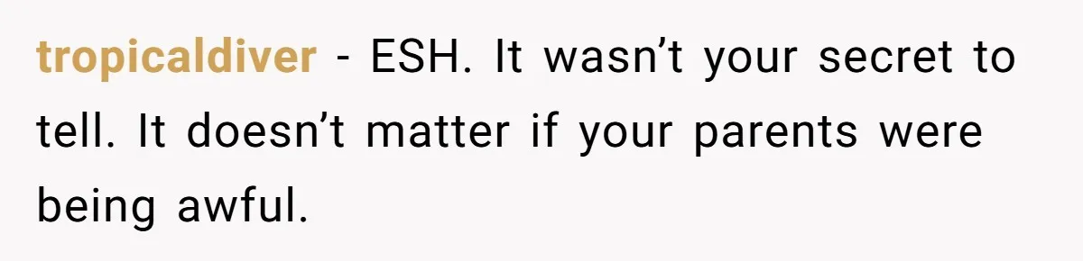 tropicaldiver − ESH. It wasn’t your secret to tell. It doesn’t matter if your parents were being awful.