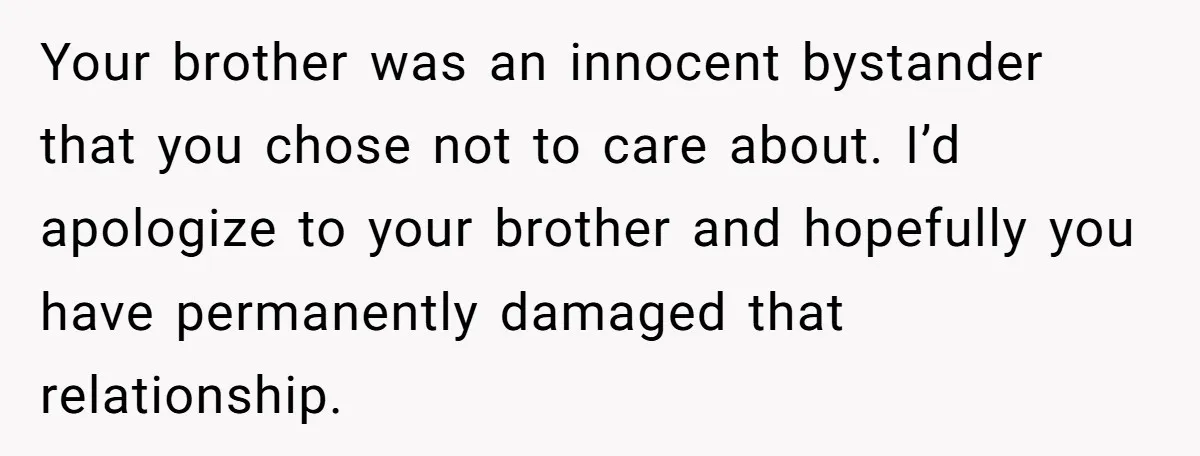 Your brother was an innocent bystander that you chose not to care about. I’d apologize to your brother and hopefully you have permanently damaged that relationship.