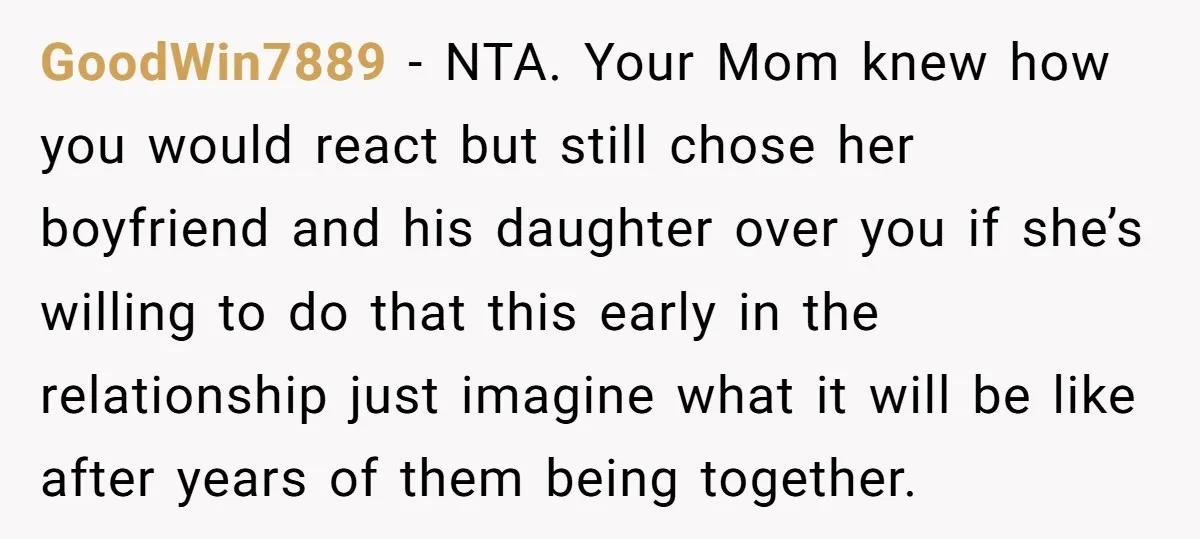 GoodWin7889 − NTA. Your Mom knew how you would react but still chose her boyfriend and his daughter over you if she’s willing to do that this early in the...