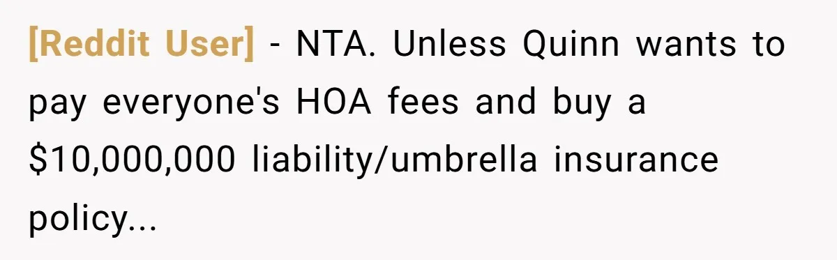 [Reddit User] − NTA. Unless Quinn wants to pay everyone's HOA fees and buy a $10,000,000 liability/umbrella insurance policy...