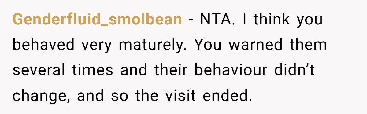 Genderfluid_smolbean − NTA. I think you behaved very maturely. You warned them several times and their behaviour didn’t change, and so the visit ended.