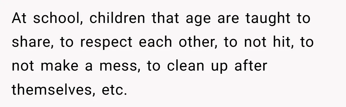 At school, children that age are taught to share, to respect each other, to not hit, to not make a mess, to clean up after themselves, etc.