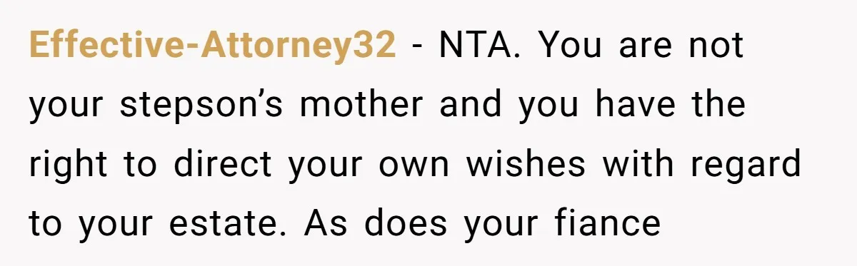 Effective-Attorney32 − NTA. You are not your stepson’s mother and you have the right to direct your own wishes with regard to your estate. As does your fiance