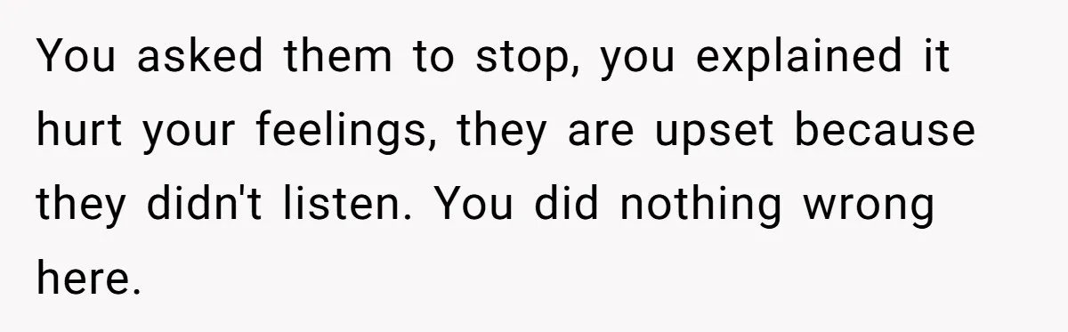You asked them to stop, you explained it hurt your feelings, they are upset because they didn't listen. You did nothing wrong here.