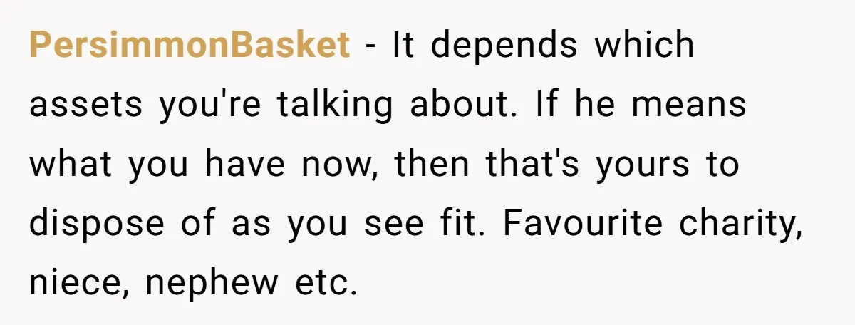 PersimmonBasket − It depends which assets you're talking about. If he means what you have now, then that's yours to dispose of as you see fit. Favourite charity, niece, nephew...