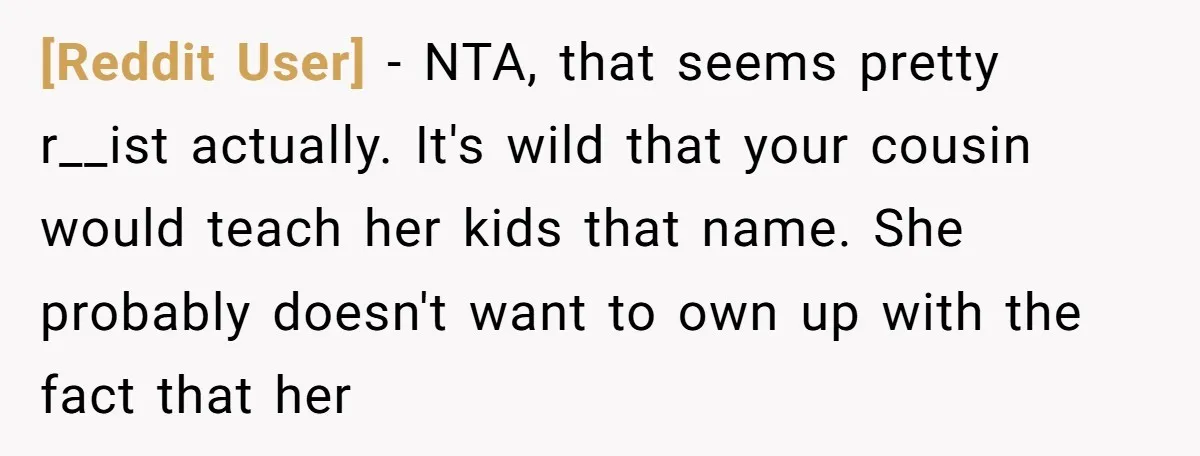 [Reddit User] − NTA, that seems pretty r__ist actually. It's wild that your cousin would teach her kids that name. She probably doesn't want to own up with the fact...