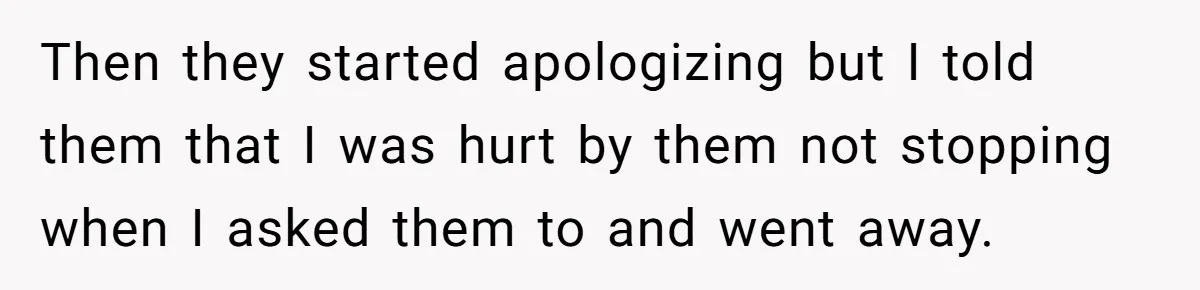 Then they started apologizing but I told them that I was hurt by them not stopping when I asked them to and went away.