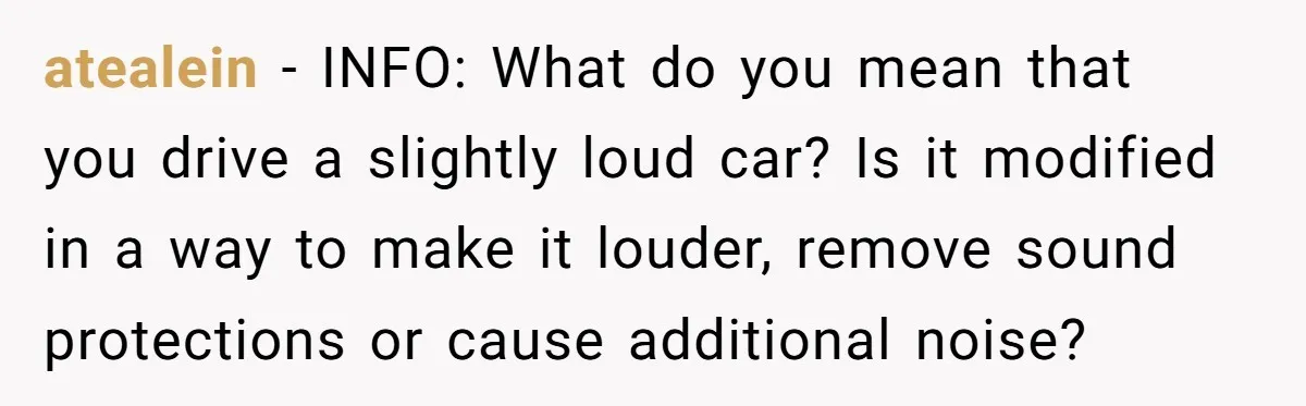 atealein − INFO: What do you mean that you drive a slightly loud car? Is it modified in a way to make it louder, remove sound protections or cause additional...