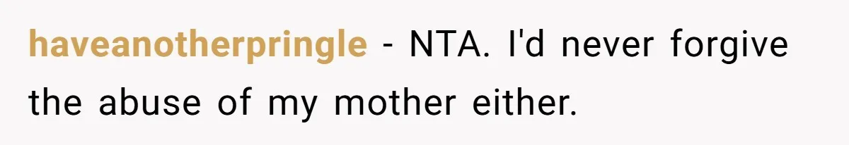 haveanotherpringle − NTA. I'd never forgive the abuse of my mother either.