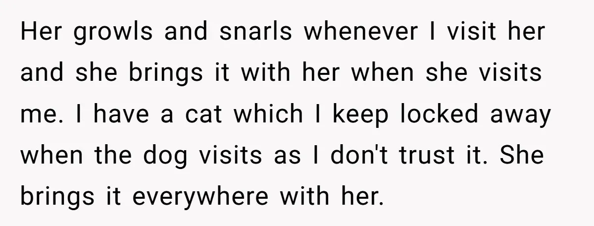 Her growls and snarls whenever I visit her and she brings it with her when she visits me. I have a cat which I keep locked away when the dog...