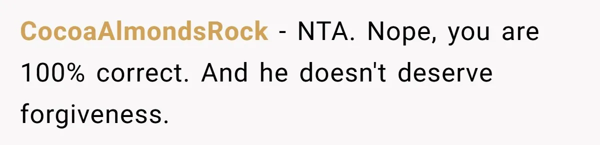 CocoaAlmondsRock − NTA. Nope, you are 100% correct. And he doesn't deserve forgiveness.