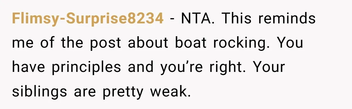 Flimsy-Surprise8234 − NTA. This reminds me of the post about boat rocking. You have principles and you’re right. Your siblings are pretty weak.