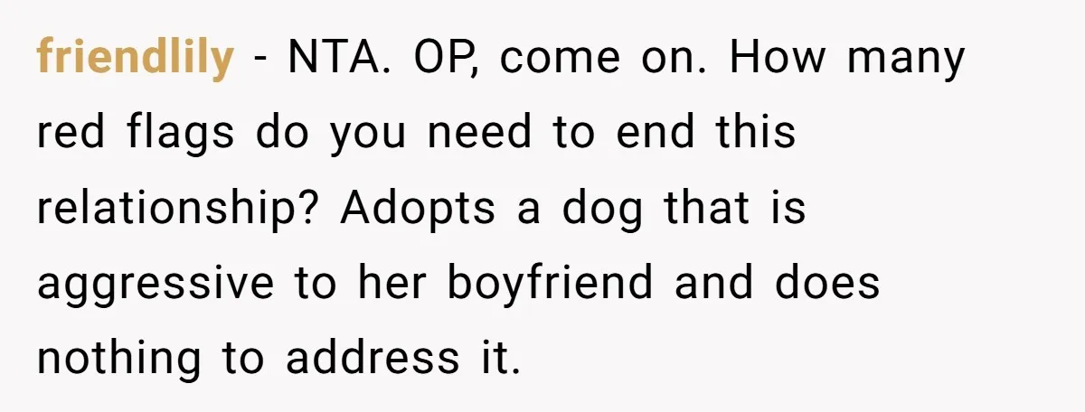 friendlily − NTA. OP, come on. How many red flags do you need to end this relationship? Adopts a dog that is aggressive to her boyfriend and does nothing to...
